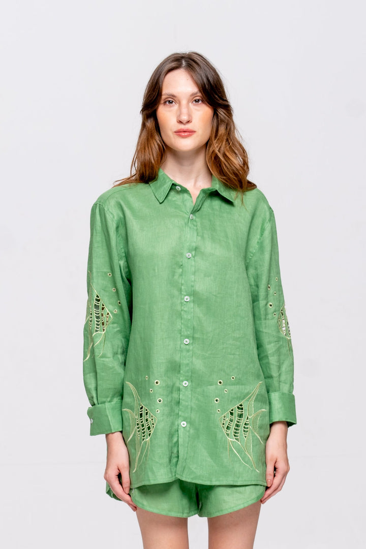 Camisa Oceano Linho Bordado Peixes