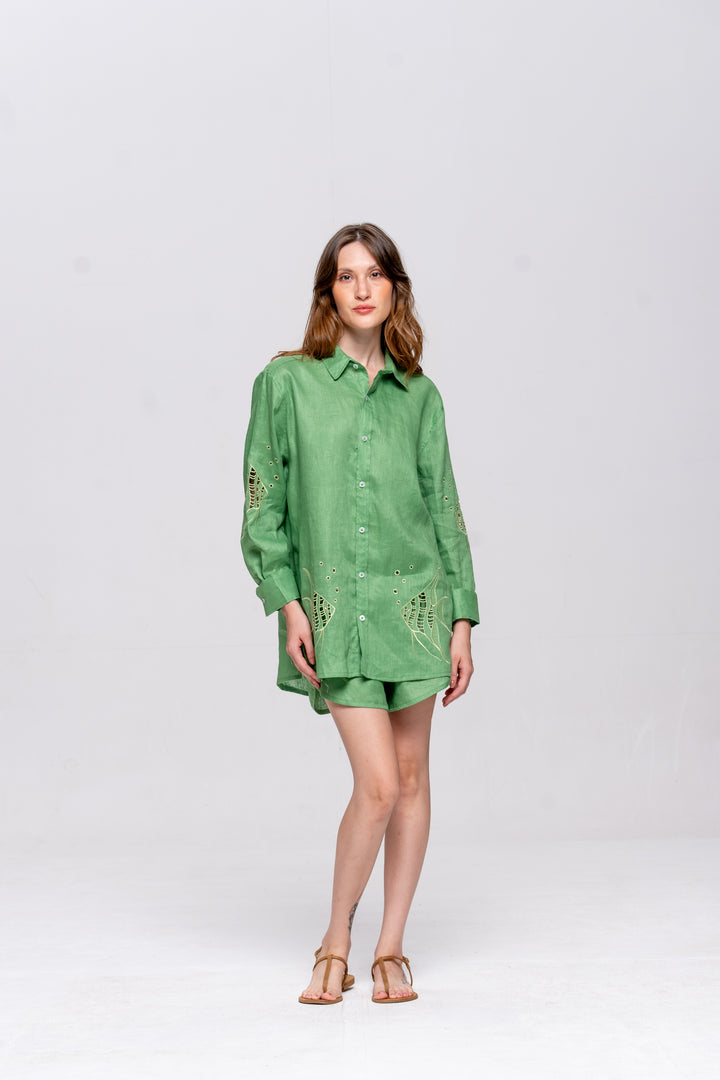 Camisa Oceano Linho Bordado Peixes