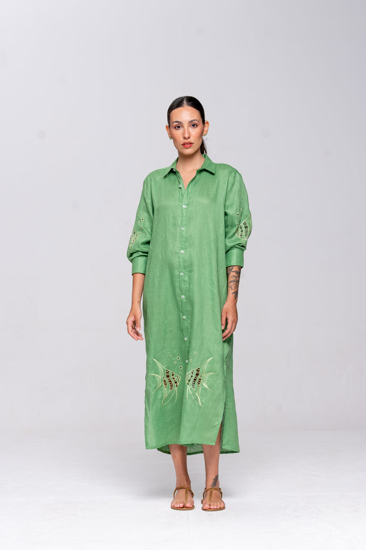 Chemise Oceano Linho Bordado Peixes