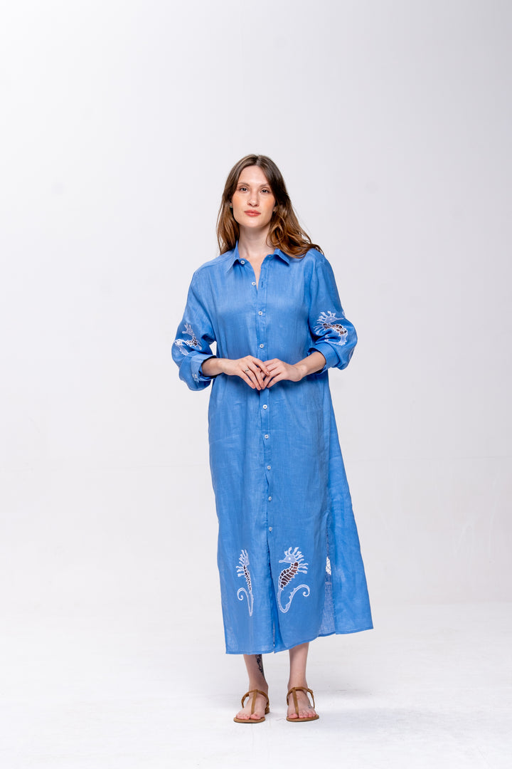 Chemise Oceano Linho Bordado Cavalo Marinho