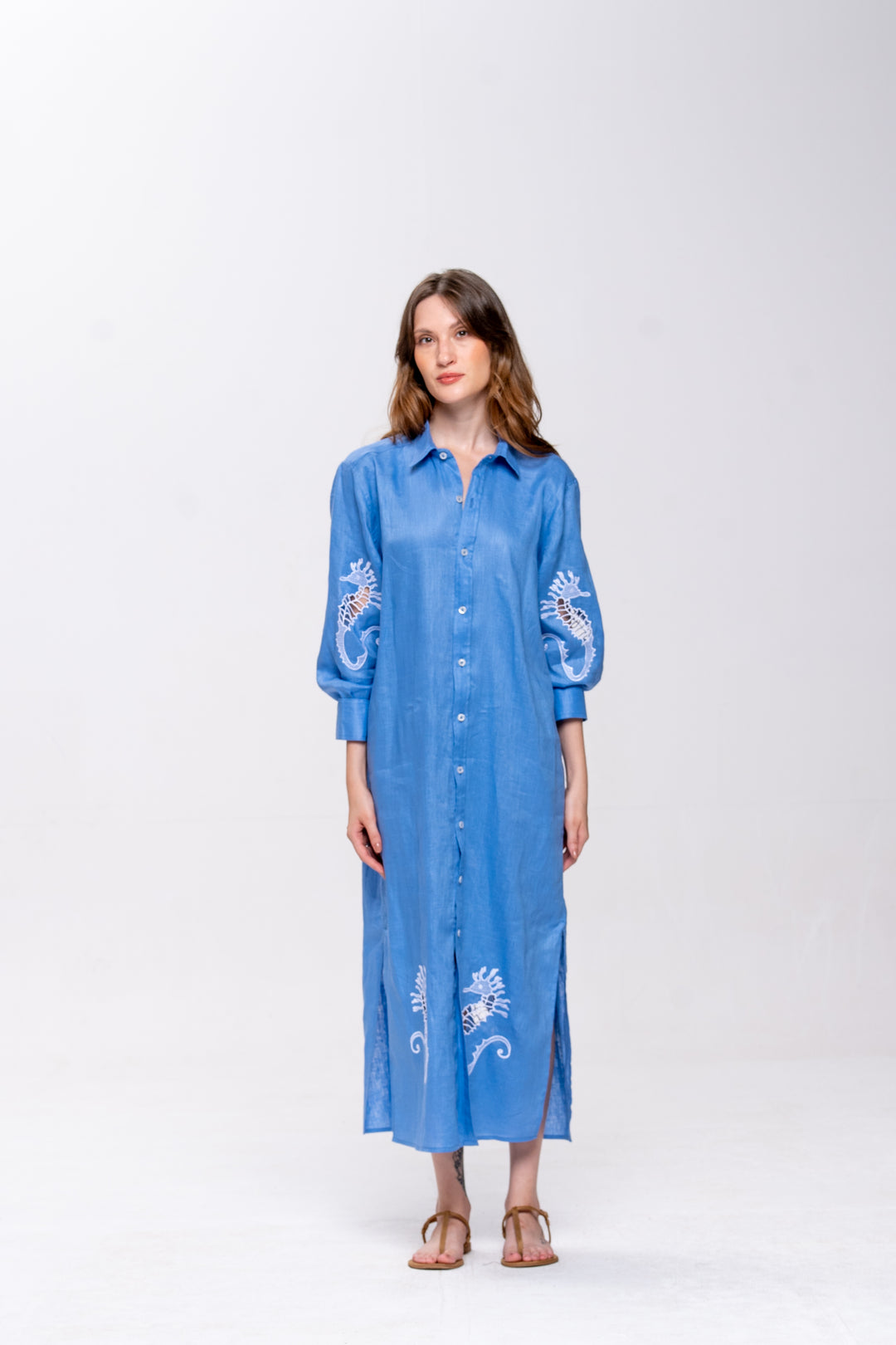 Chemise Oceano Linho Bordado Cavalo Marinho