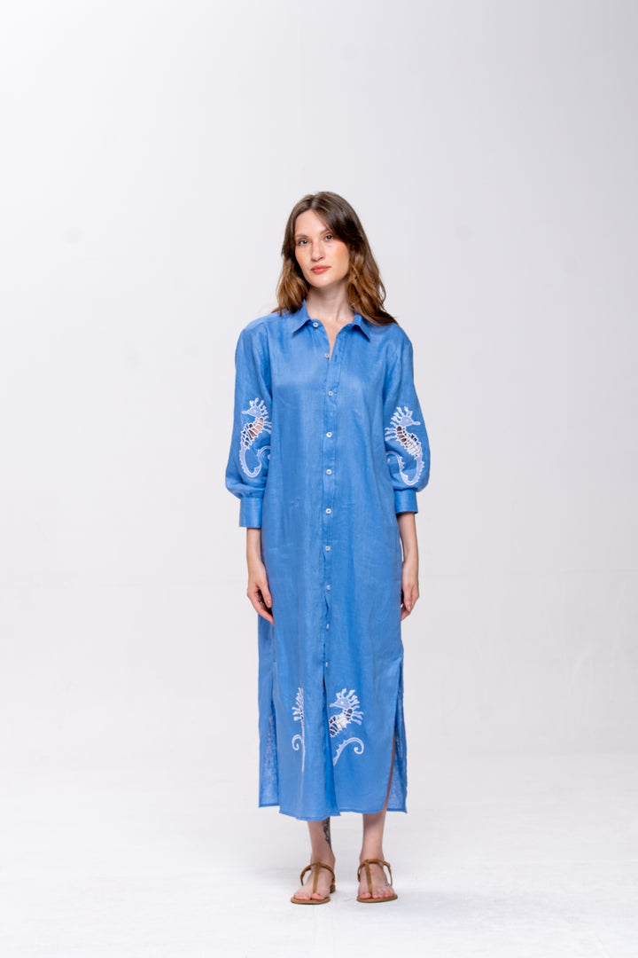 Chemise Oceano Linho Bordado Cavalo Marinho