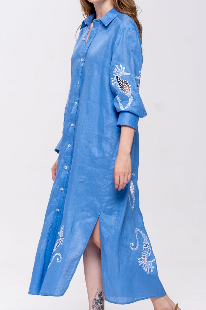 Chemise Oceano Linho Bordado Cavalo Marinho