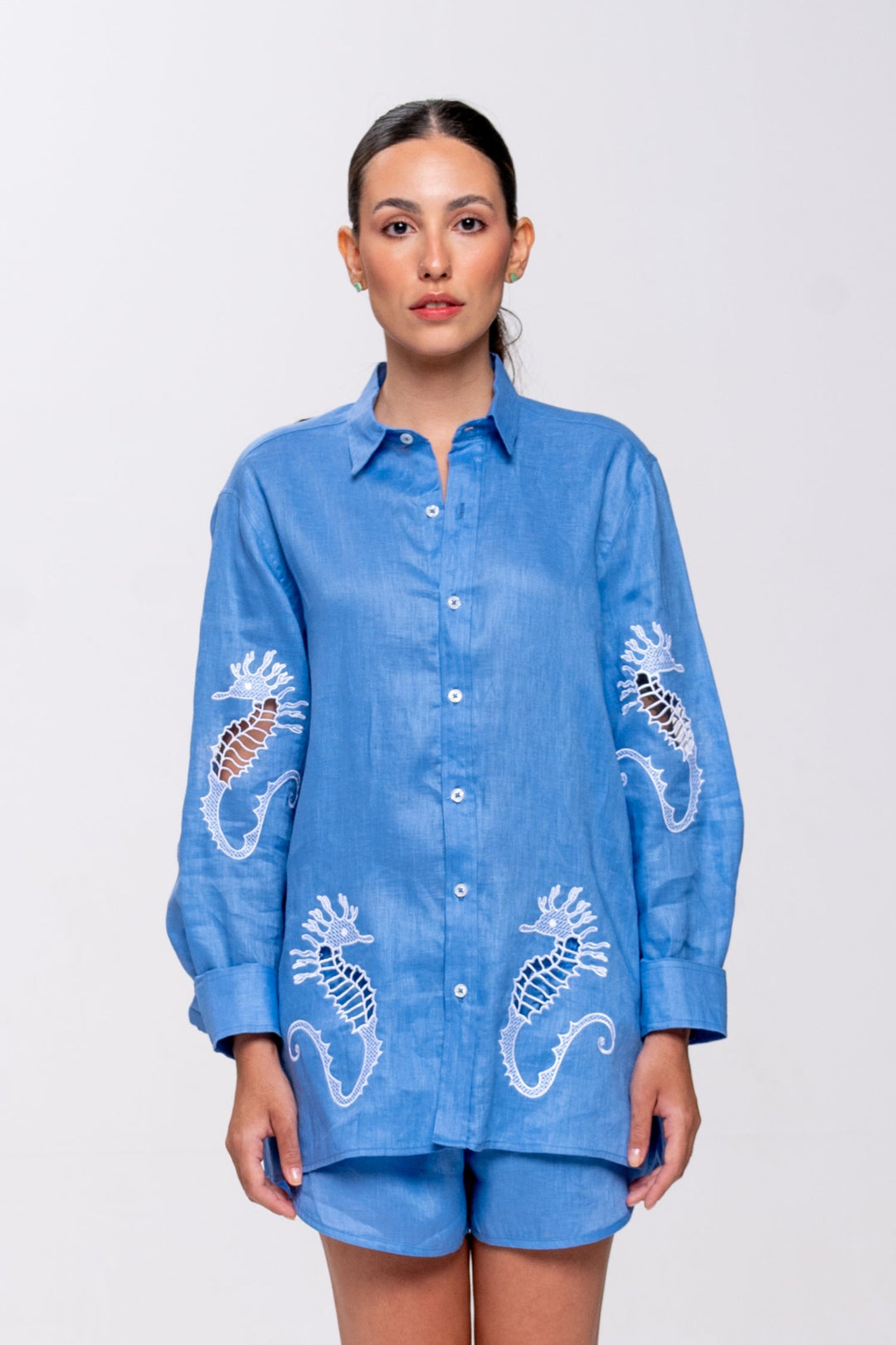 Camisa Oceano Linho Bordado Cavalo Marinho