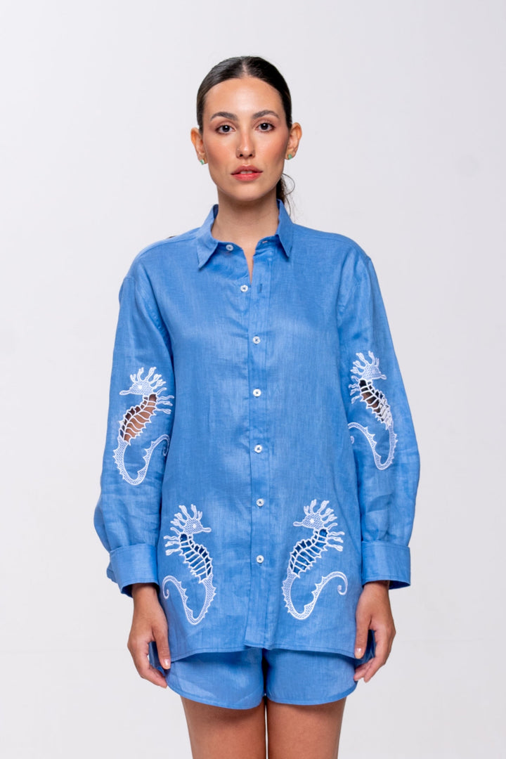 Camisa Oceano Linho Bordado Cavalo Marinho