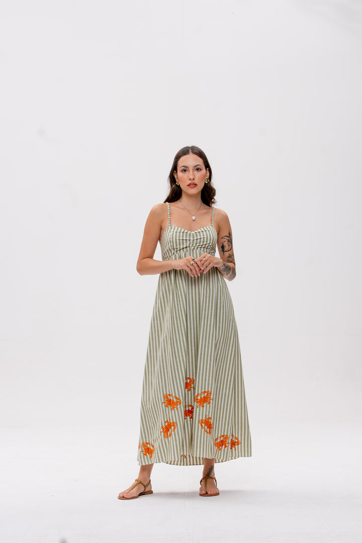 Vestido Maré Alta Listrado Verde Caranguejo Laranja