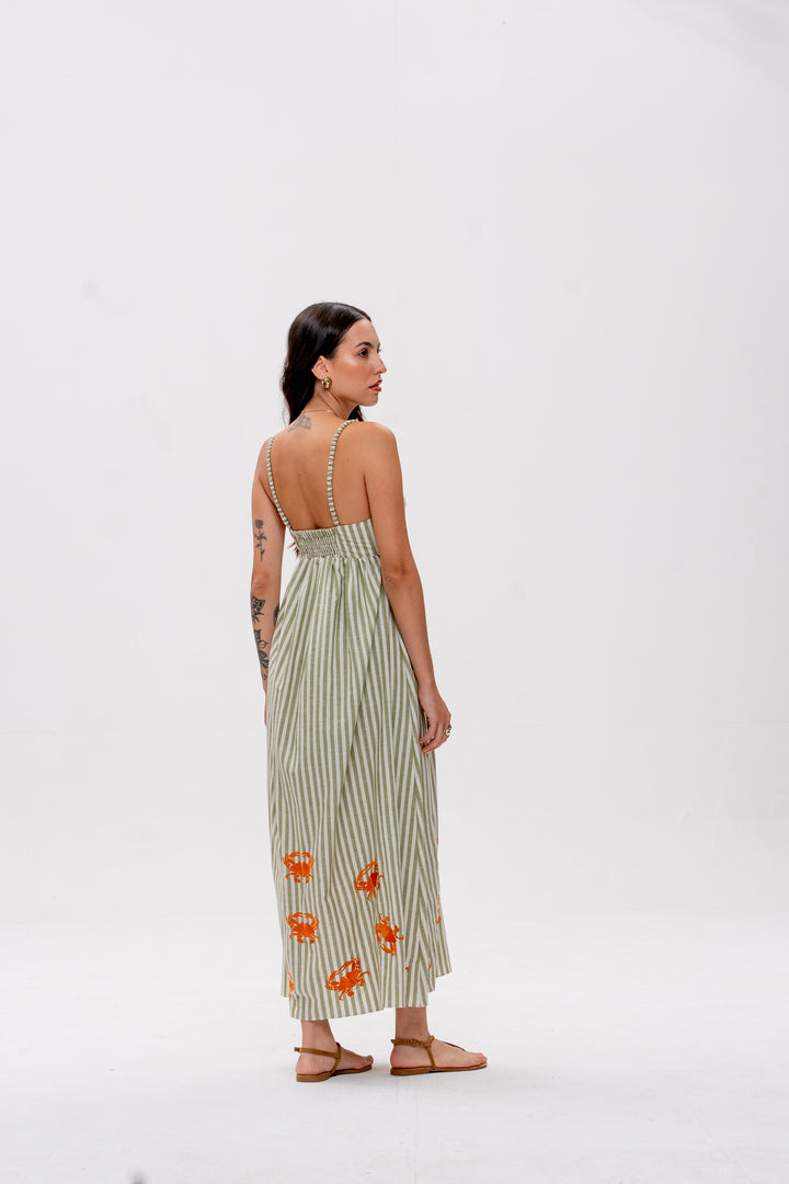 Vestido Maré Alta Listrado Verde Caranguejo Laranja