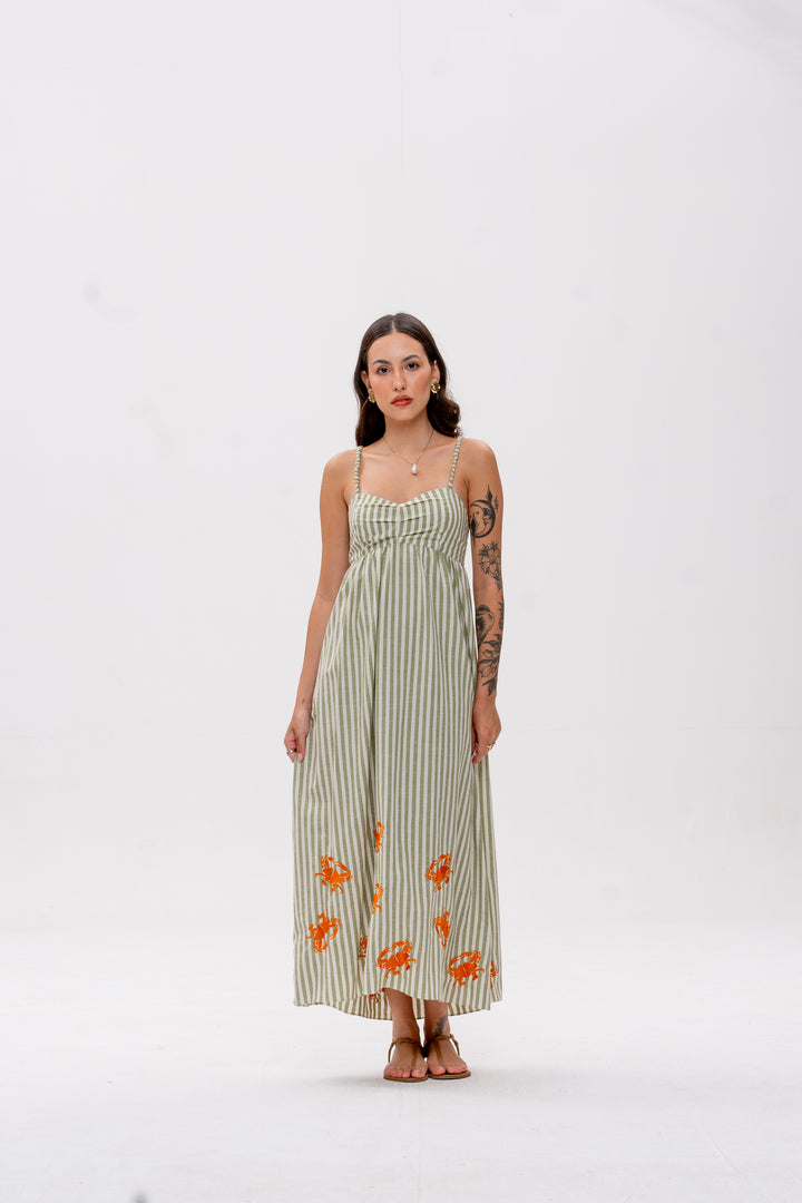 Vestido Maré Alta Listrado Verde Caranguejo Laranja