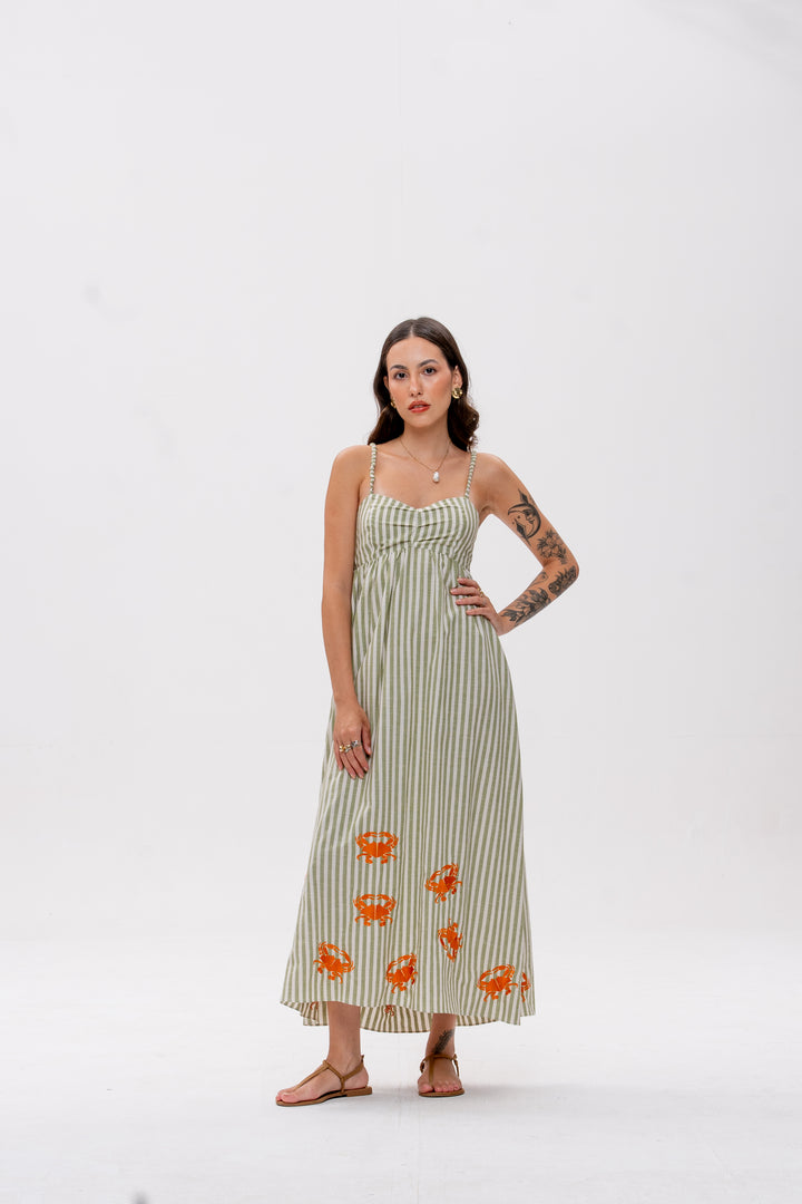Vestido Maré Alta Listrado Verde Caranguejo Laranja
