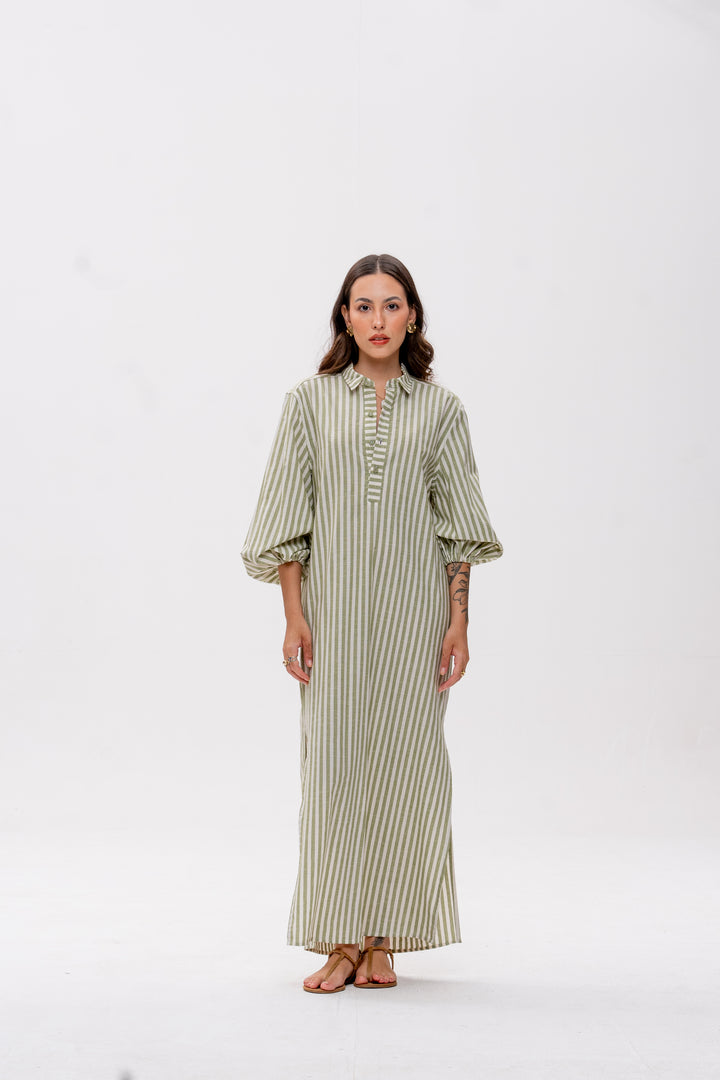 Chemise Longa Maré Alta Listrado Verde aranguejo Laranja