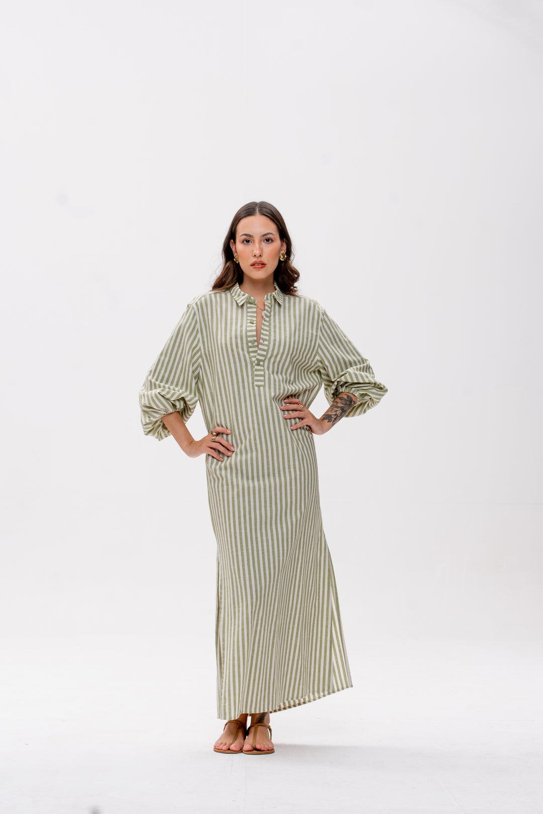 Chemise Longa Maré Alta Listrado Verde aranguejo Laranja