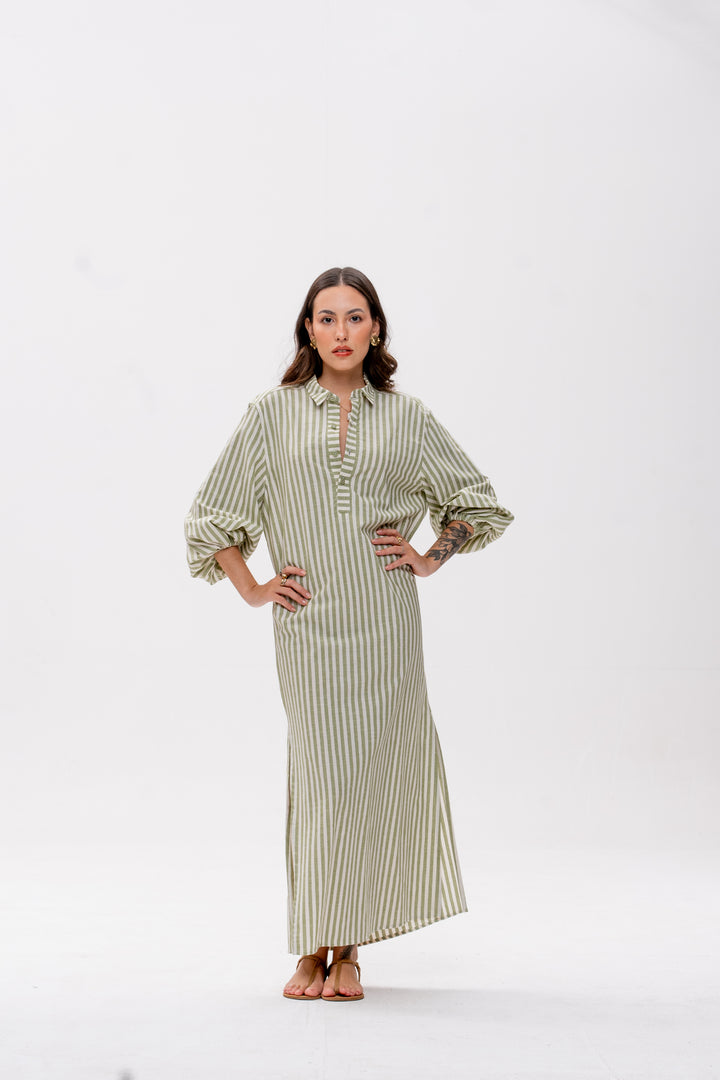 Chemise Longa Maré Alta Listrado Verde aranguejo Laranja