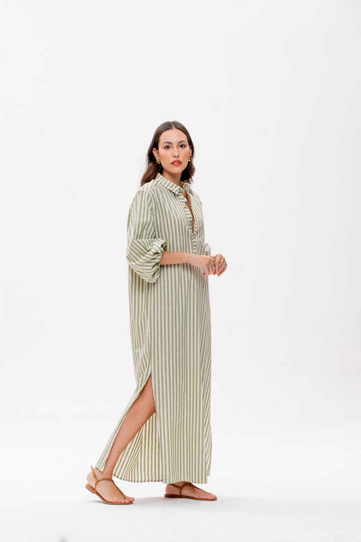 Chemise Longa Maré Alta Listrado Verde aranguejo Laranja