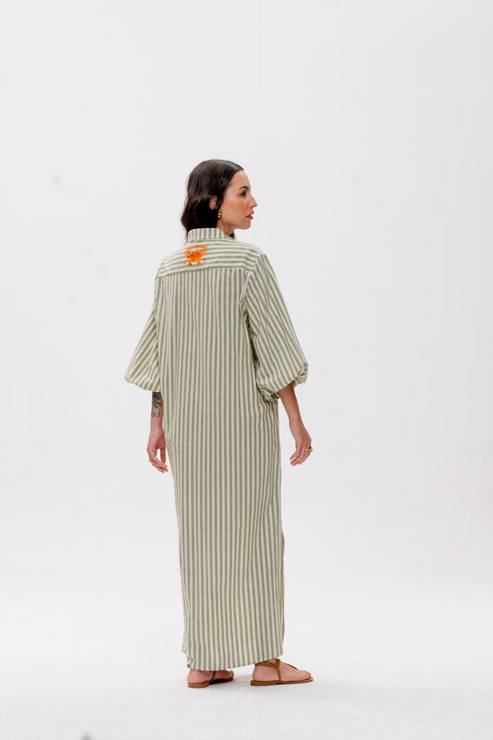 Chemise Longa Maré Alta Listrado Verde aranguejo Laranja