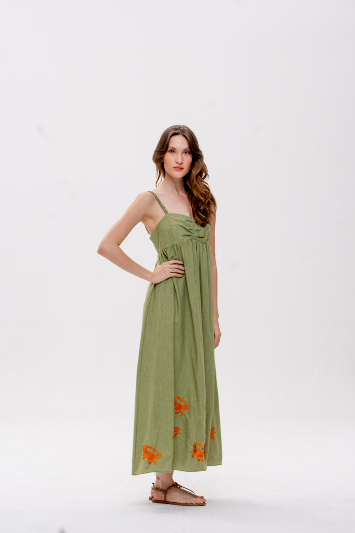 Vestido Maré Alta Verde Caranguejo Laranja