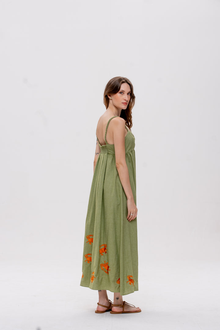 Vestido Maré Alta Verde Caranguejo Laranja