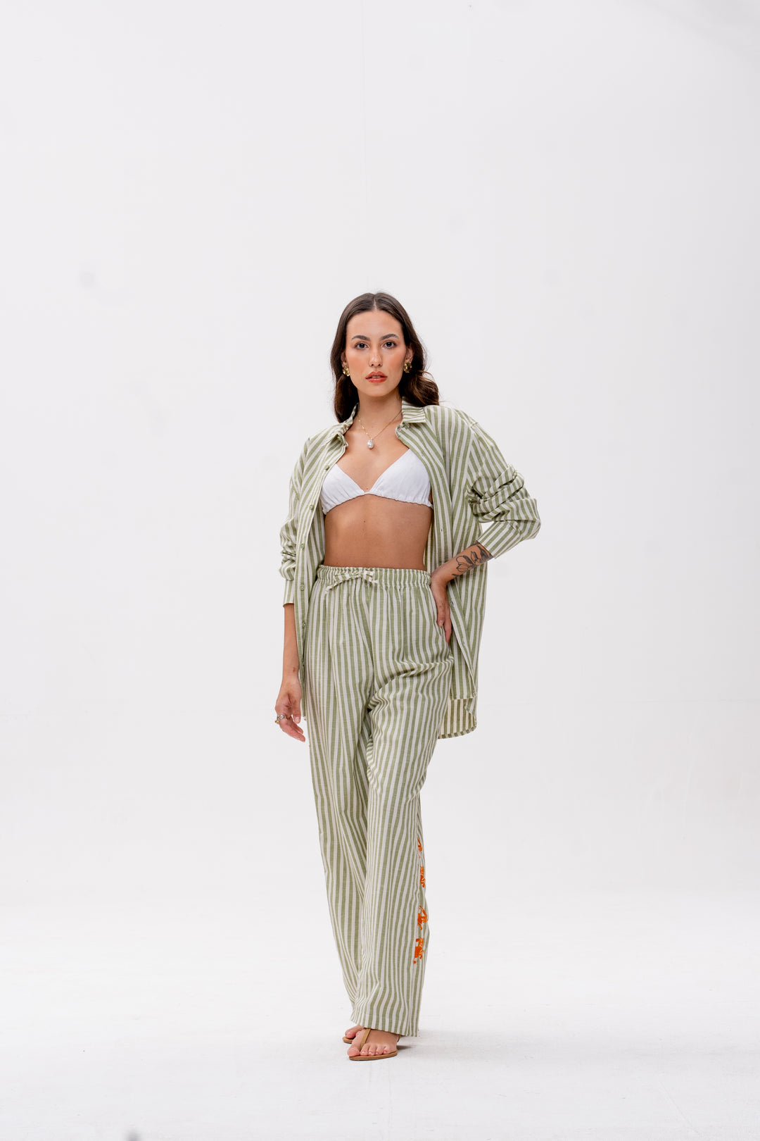 Calça Maré Alta Listrado Verde Caranguejo Laranja