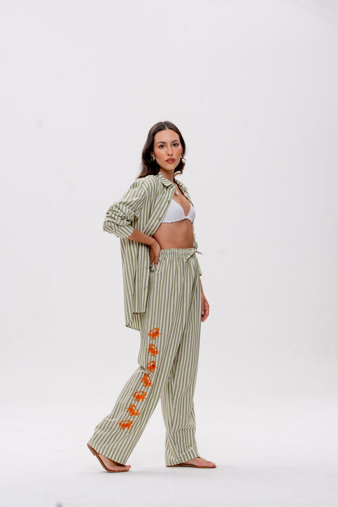 Calça Maré Alta Listrado Verde Caranguejo Laranja