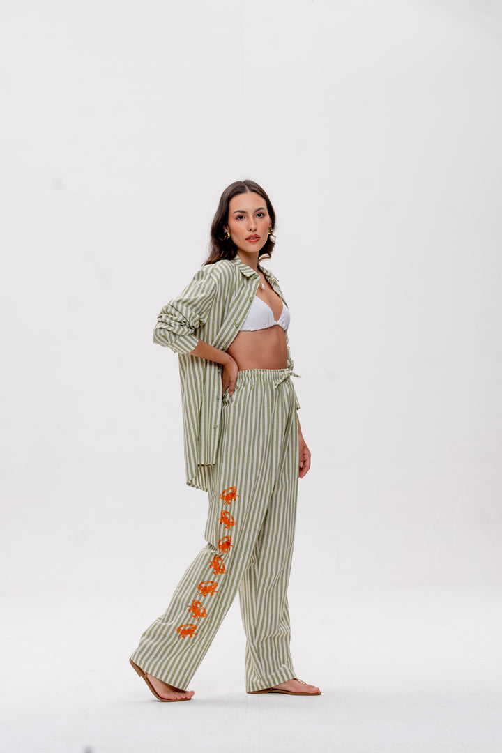 Calça Maré Alta Listrado Verde Caranguejo Laranja