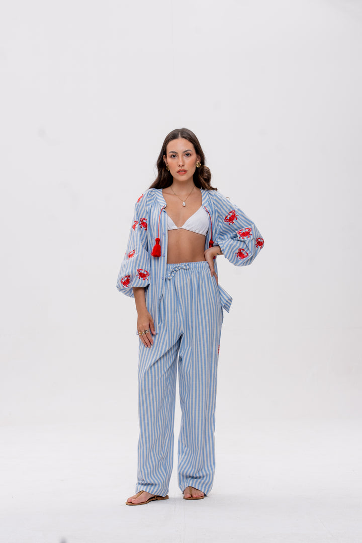 Calça Maré Alta Listrado Azul Caranguejo Vermelho