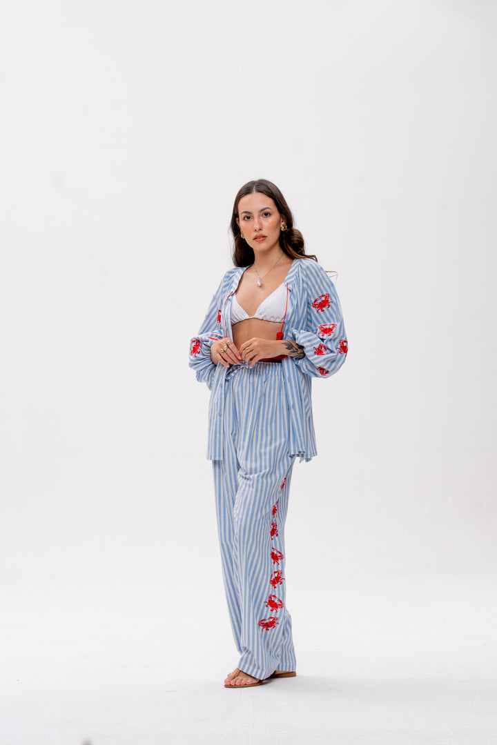 Calça Maré Alta Listrado Azul Caranguejo Vermelho