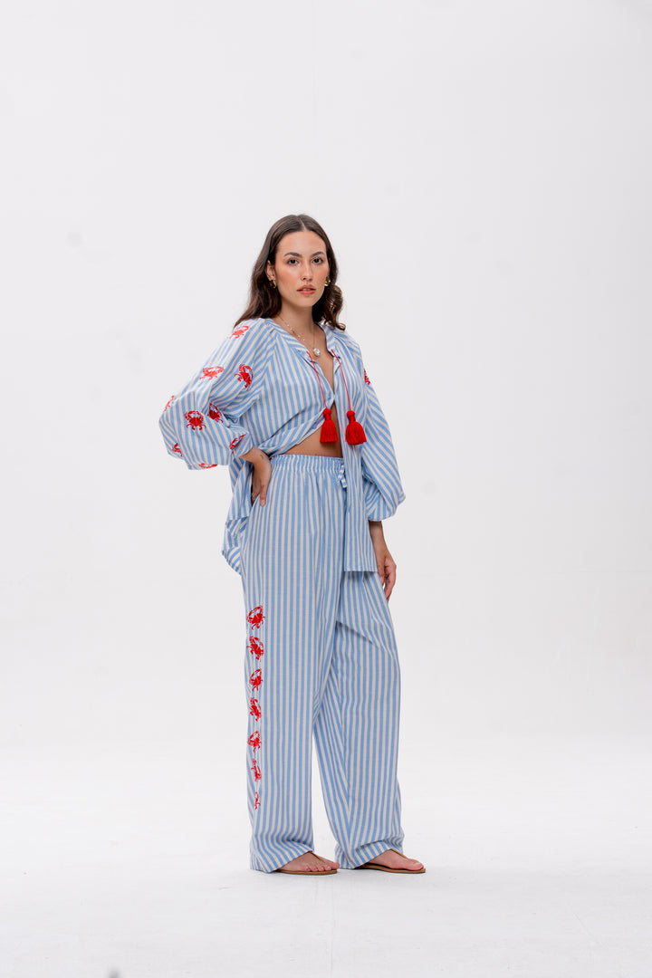 Calça Maré Alta Listrado Azul Caranguejo Vermelho