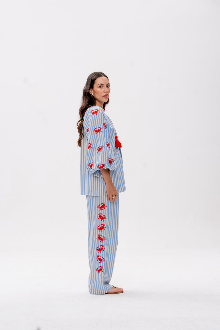 Calça Maré Alta Listrado Azul Caranguejo Vermelho
