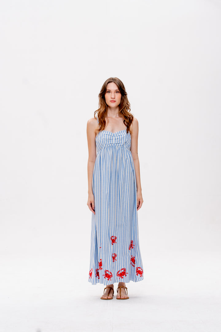 Vestido Maré Alta Listrado Azul Caranguejo Vermelho
