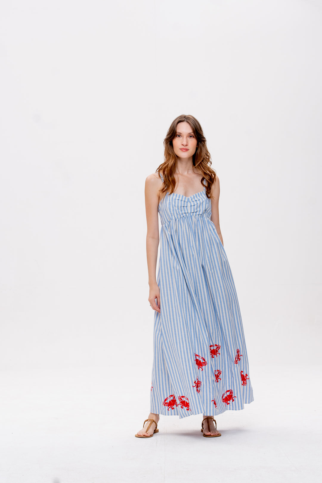 Vestido Maré Alta Listrado Azul Caranguejo Vermelho