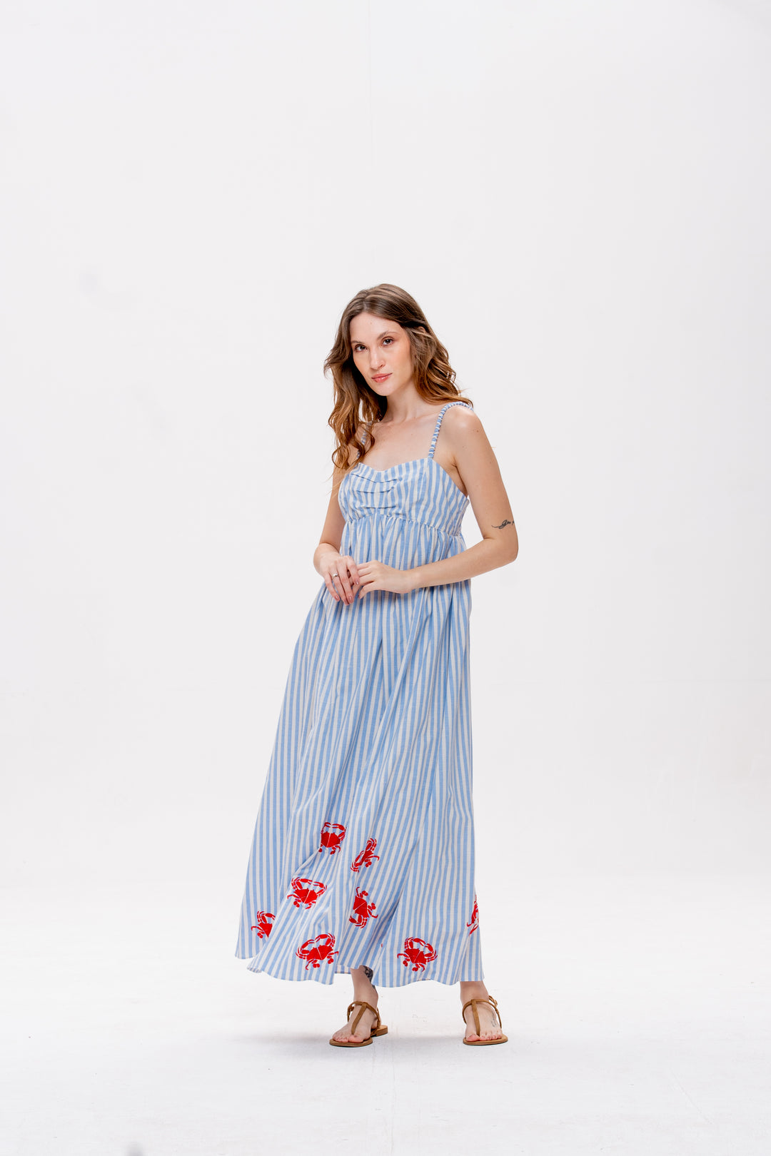 Vestido Maré Alta Listrado Azul Caranguejo Vermelho