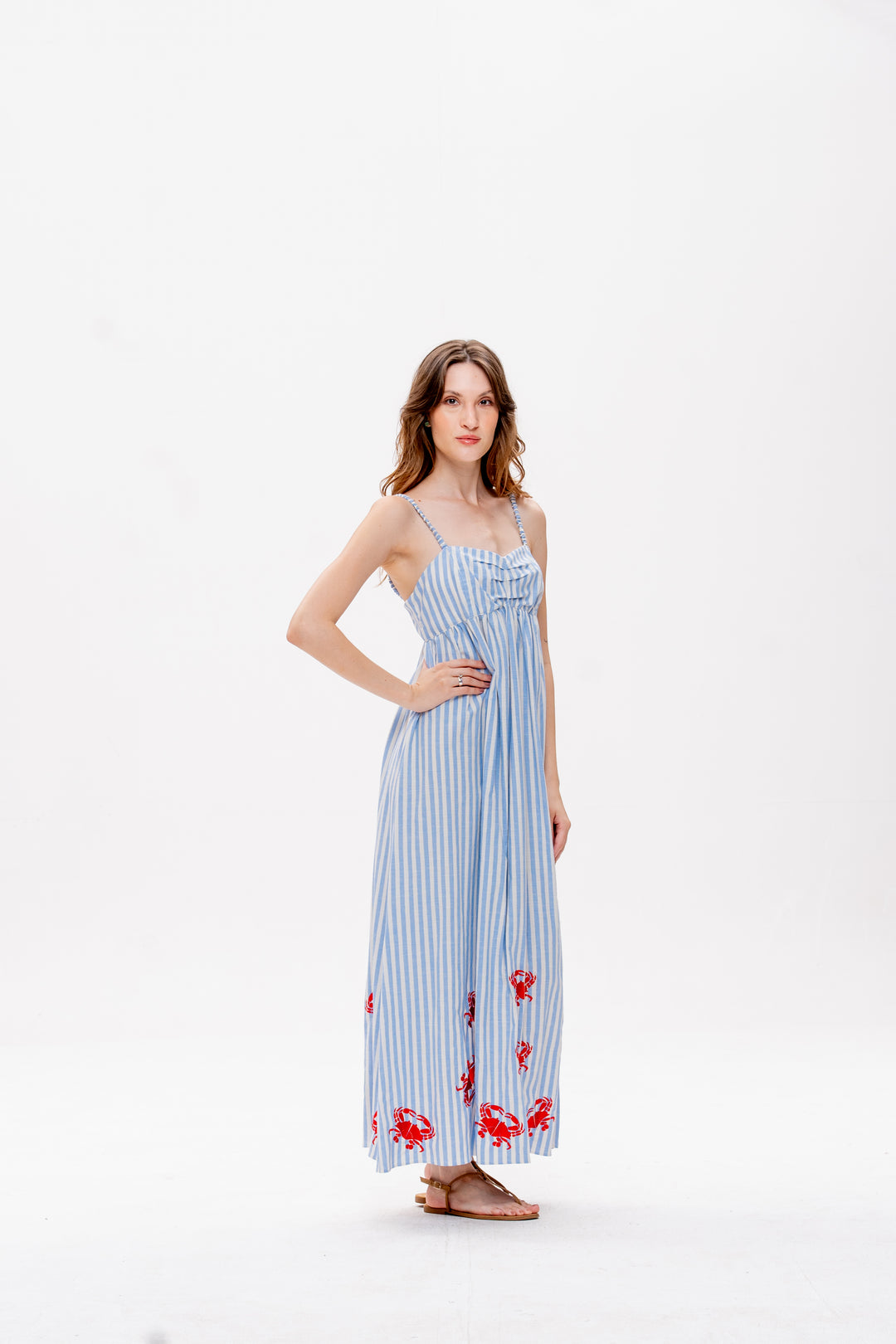 Vestido Maré Alta Listrado Azul Caranguejo Vermelho