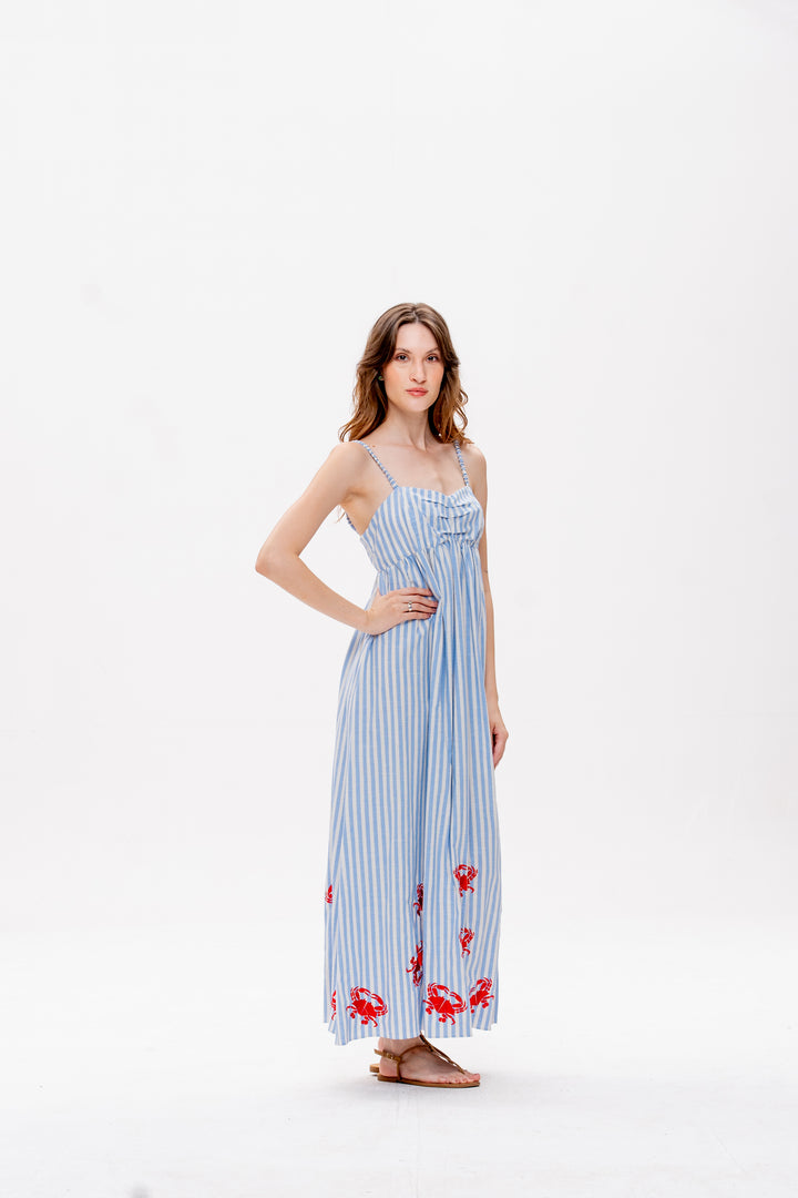 Vestido Maré Alta Listrado Azul Caranguejo Vermelho