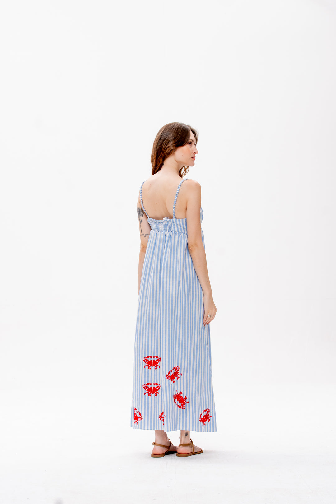 Vestido Maré Alta Listrado Azul Caranguejo Vermelho