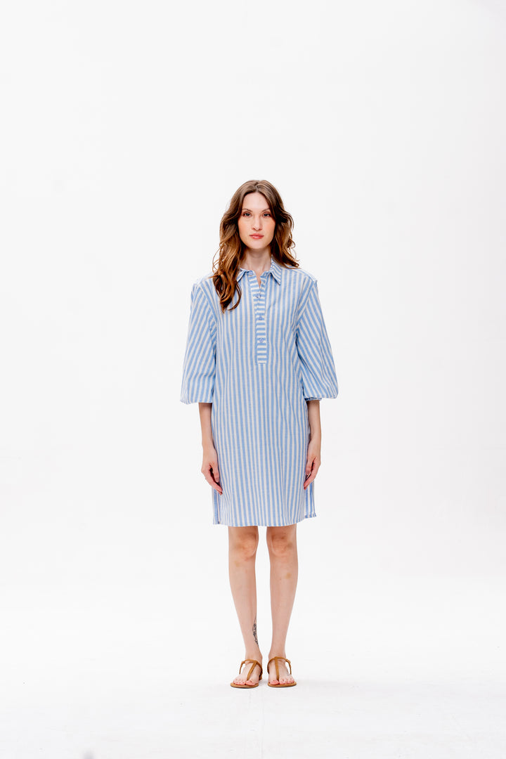 Chemise Curta Maré Alta Listrado Azul Caranguejo Vermelho