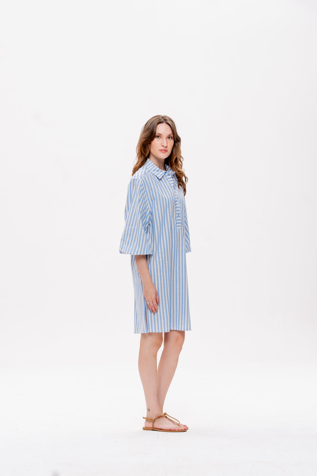 Chemise Curta Maré Alta Listrado Azul Caranguejo Vermelho