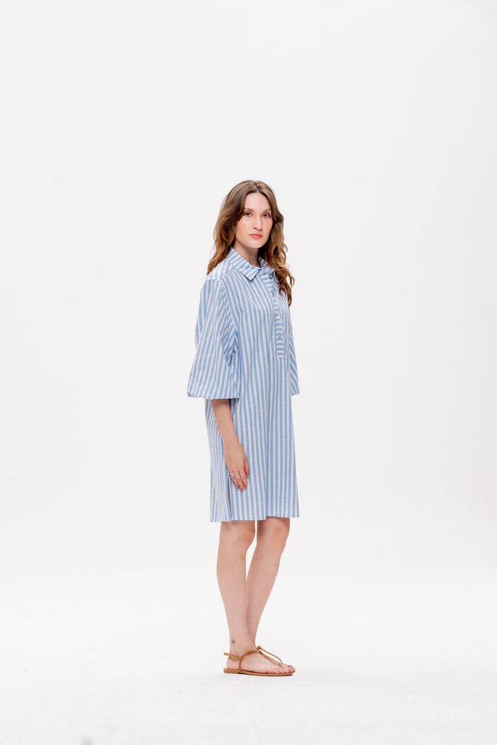 Chemise Curta Maré Alta Listrado Azul Caranguejo Vermelho