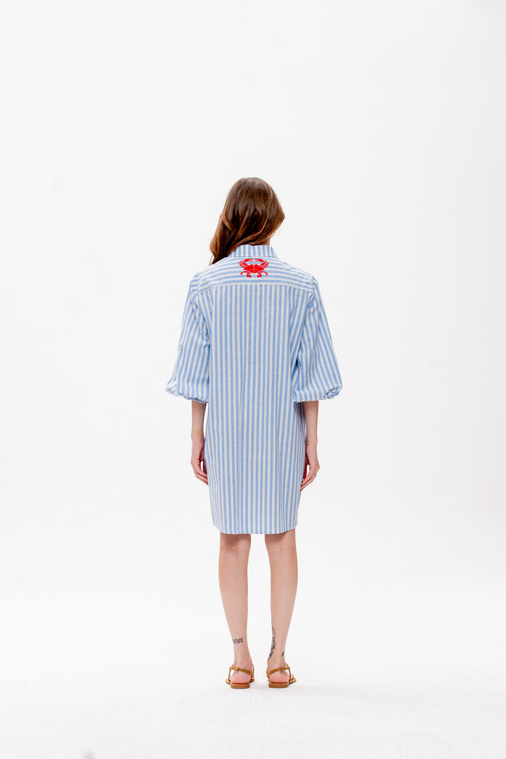 Chemise Curta Maré Alta Listrado Azul Caranguejo Vermelho