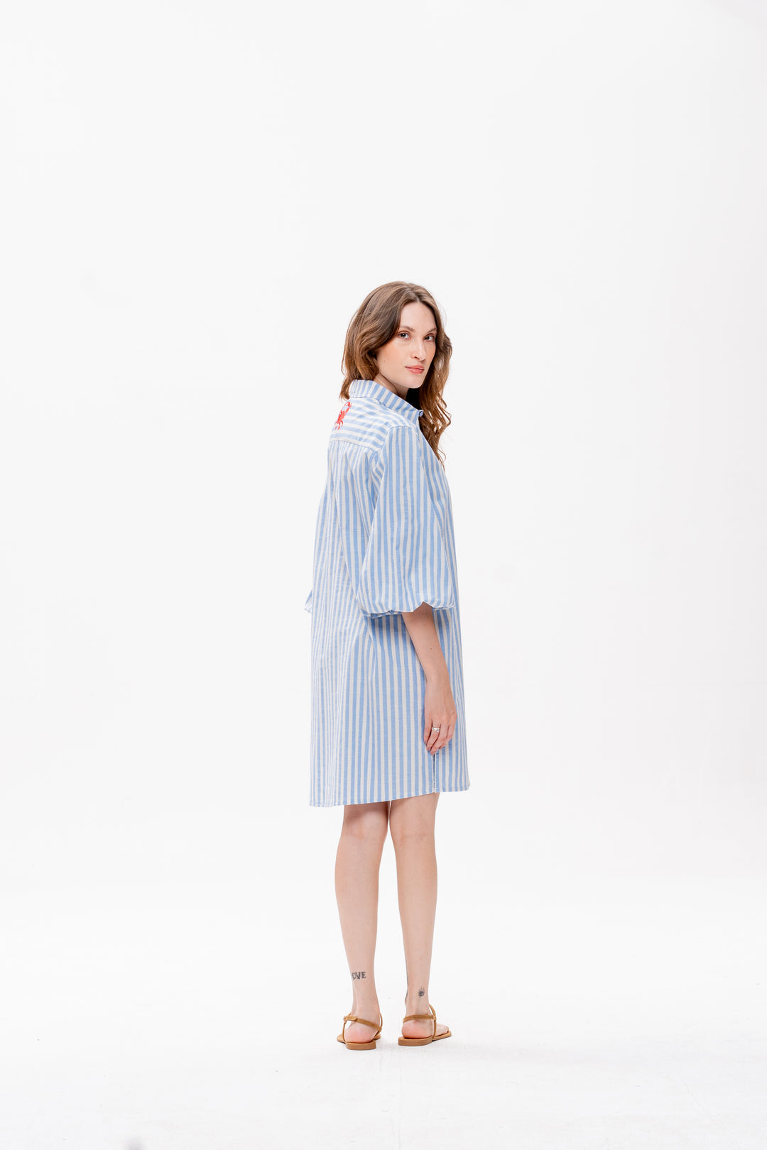 Chemise Curta Maré Alta Listrado Azul Caranguejo Vermelho
