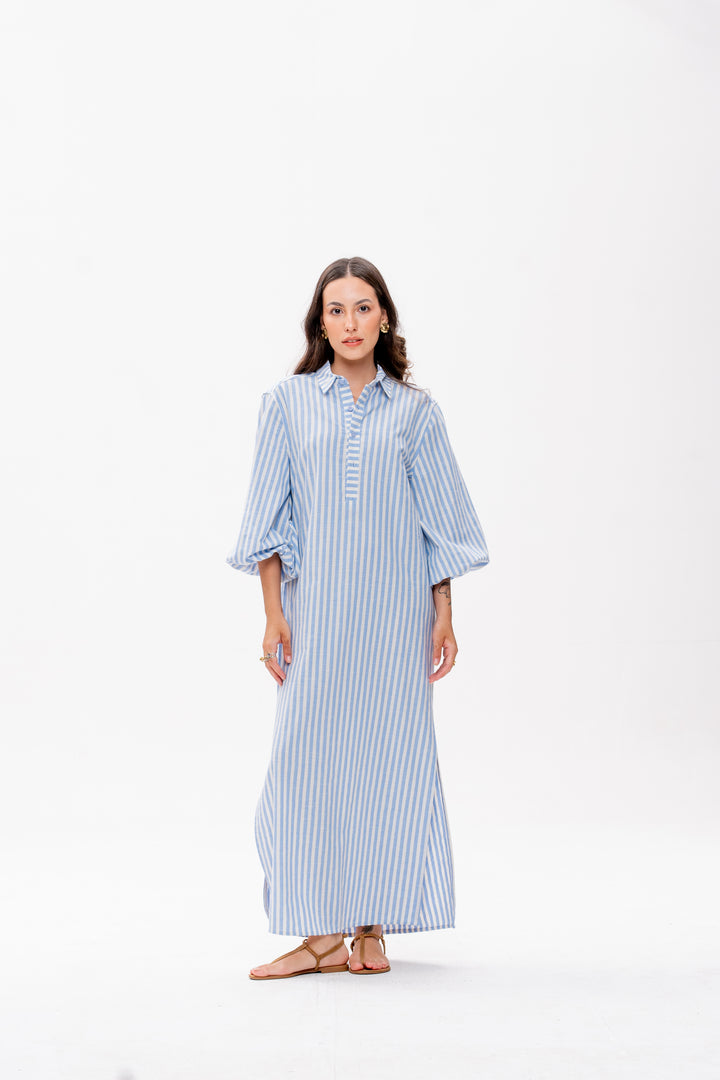 Chemise Longa Maré Alta Listrado Azul Caranguejo Vermelho