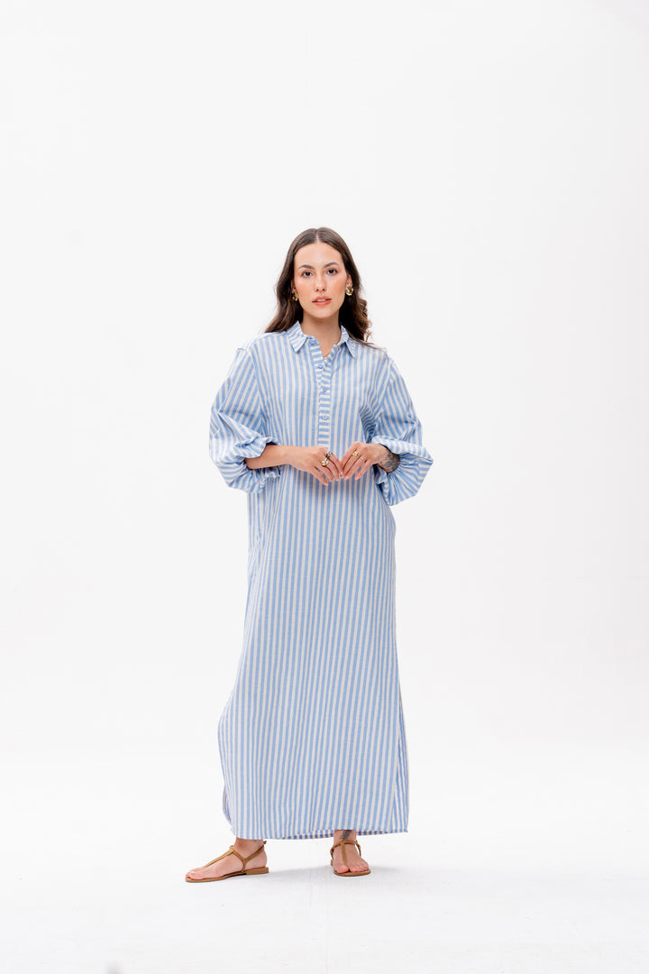 Chemise Longa Maré Alta Listrado Azul Caranguejo Vermelho