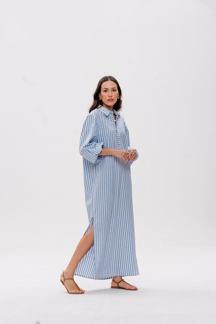 Chemise Longa Maré Alta Listrado Azul Caranguejo Vermelho