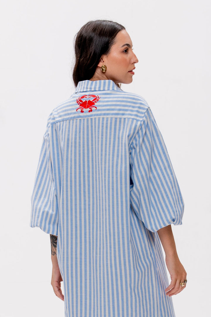 Chemise Longa Maré Alta Listrado Azul Caranguejo Vermelho