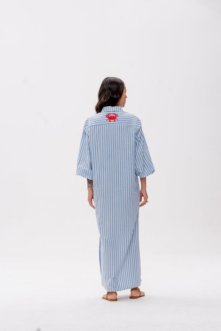 Chemise Longa Maré Alta Listrado Azul Caranguejo Vermelho