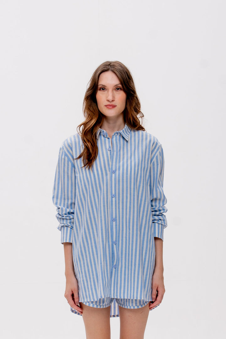 Camisa Maré Alta Listrado Azul Caranguejo Vermelho