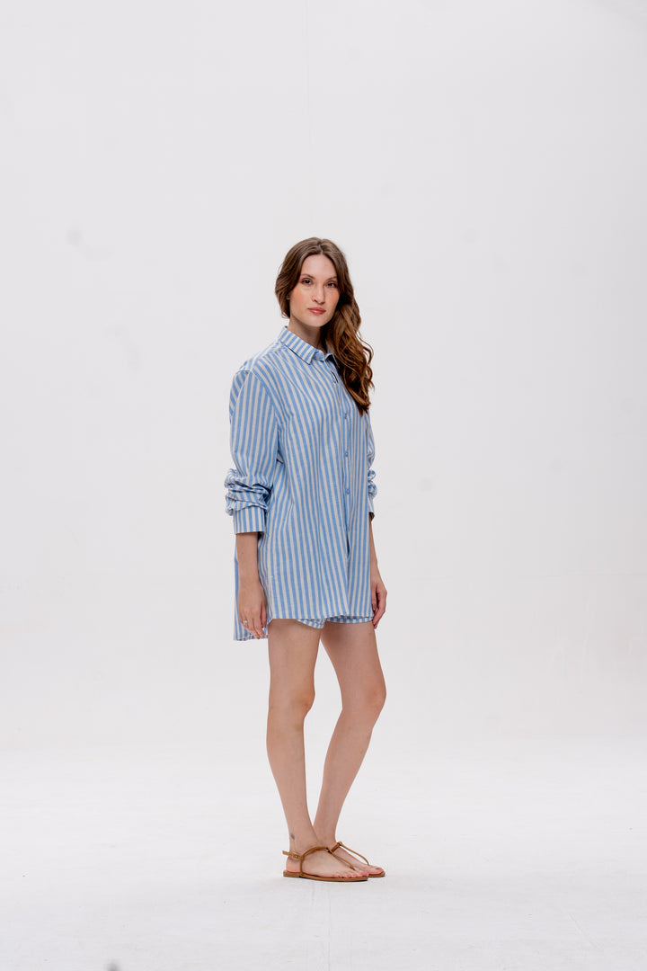Camisa Maré Alta Listrado Azul Caranguejo Vermelho