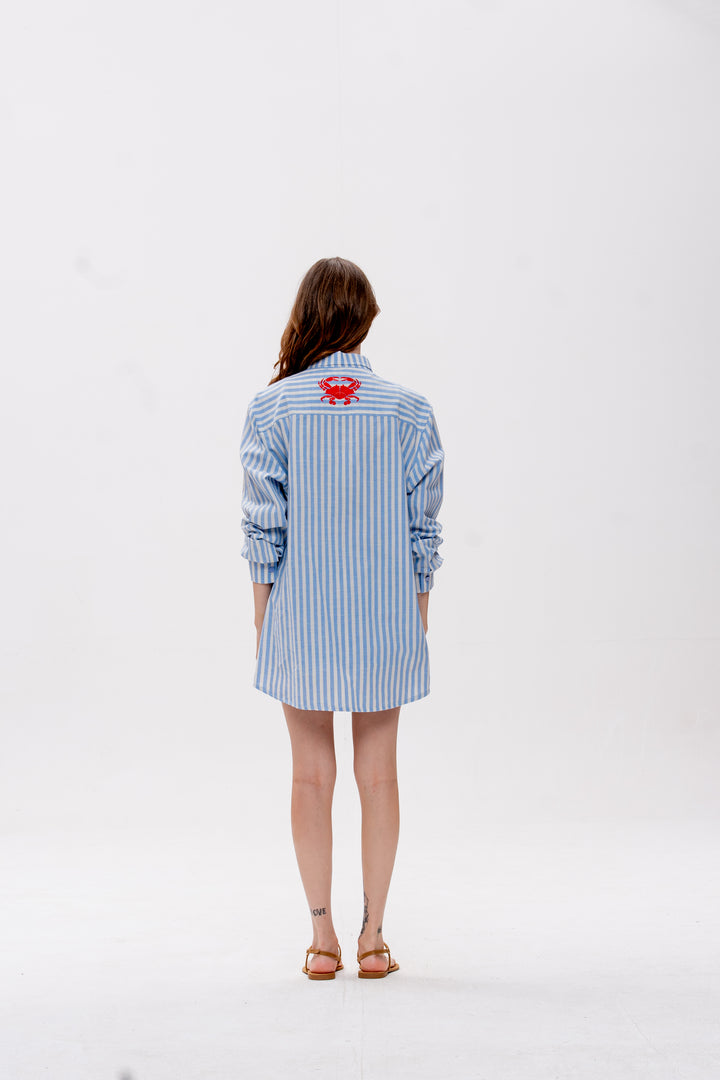 Camisa Maré Alta Listrado Azul Caranguejo Vermelho