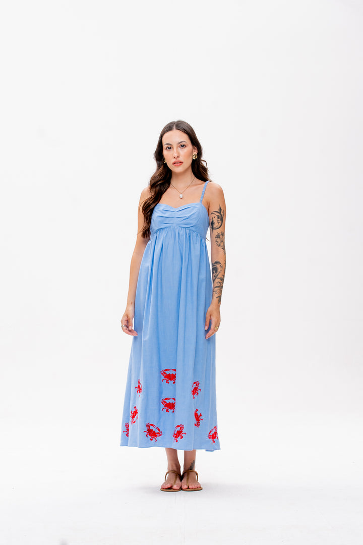 Vestido Maré Alta Azul Caranguejo Vermelho