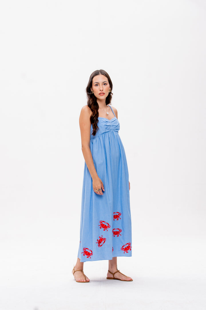 Vestido Maré Alta Azul Caranguejo Vermelho