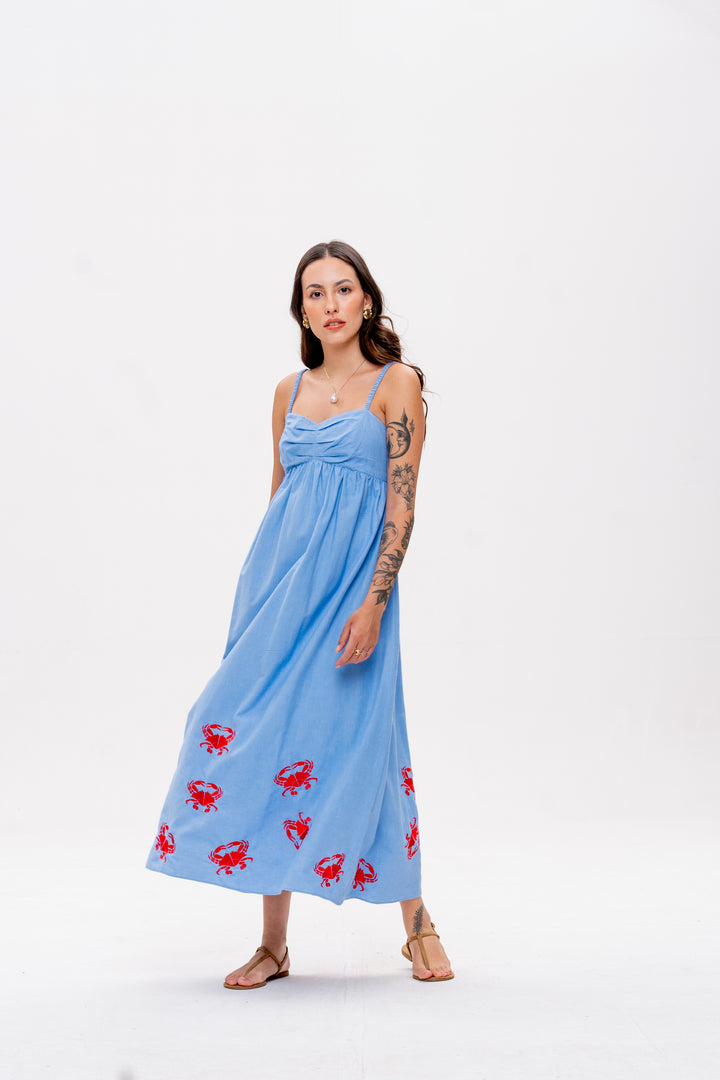 Vestido Maré Alta Azul Caranguejo Vermelho