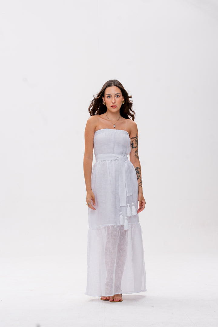 Vestido Tomara que Caia Brigite Gaze de Linho Branco